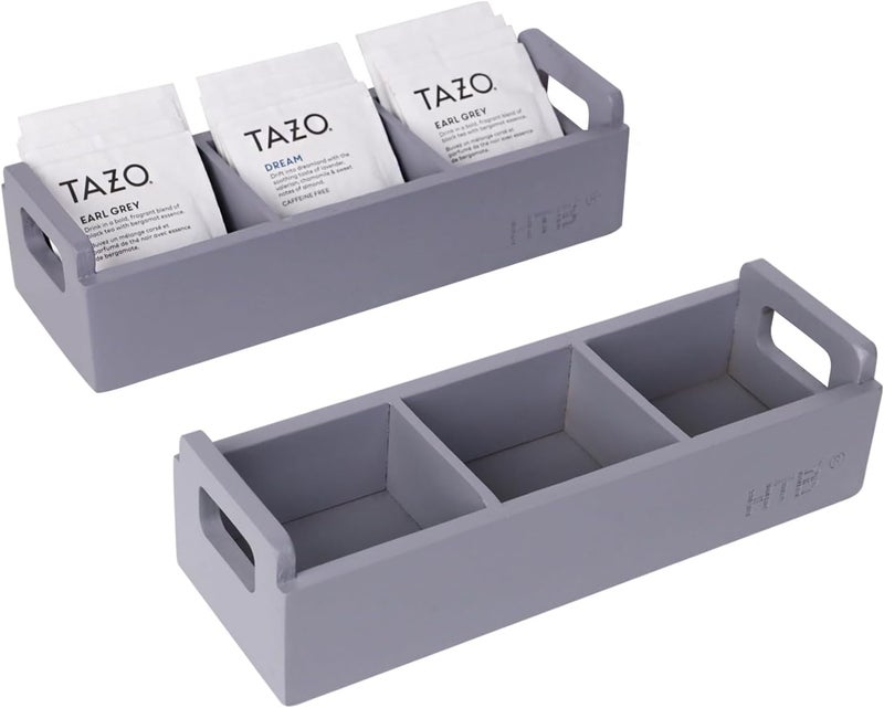 HTB Slim Tea Bag Organizer 2pcs, Grey 3 Compartments Tea Box Wooden with Handle for Small Space, Wood Tea Organizer for Tea Bags - Image 1