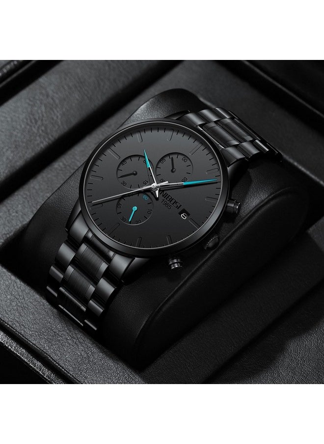 NIBOSI - NIBOSI Men's Watches Analog Minimalist Black Dial Watches for Men Business Chronograph Casual Watches with Stainless Steel Strap Date - Image 1