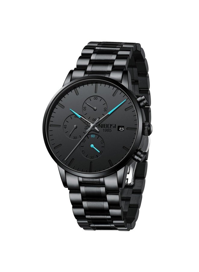 NIBOSI - NIBOSI Men's Watches Analog Minimalist Black Dial Watches for Men Business Chronograph Casual Watches with Stainless Steel Strap Date - Image 1