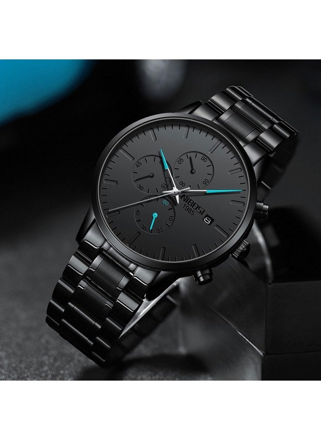 NIBOSI - NIBOSI Men's Watches Analog Minimalist Black Dial Watches for Men Business Chronograph Casual Watches with Stainless Steel Strap Date - Image 1