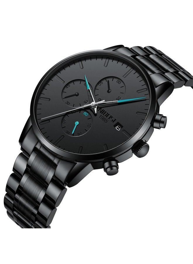 NIBOSI - NIBOSI Men's Watches Analog Minimalist Black Dial Watches for Men Business Chronograph Casual Watches with Stainless Steel Strap Date - Image 1