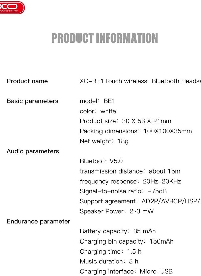 XO - XO BE1 Touch Wireless Bluetooth V5.0 Single-Ear Headset, with 150mAh Charging, Comfortable and Light weight. - Image 1
