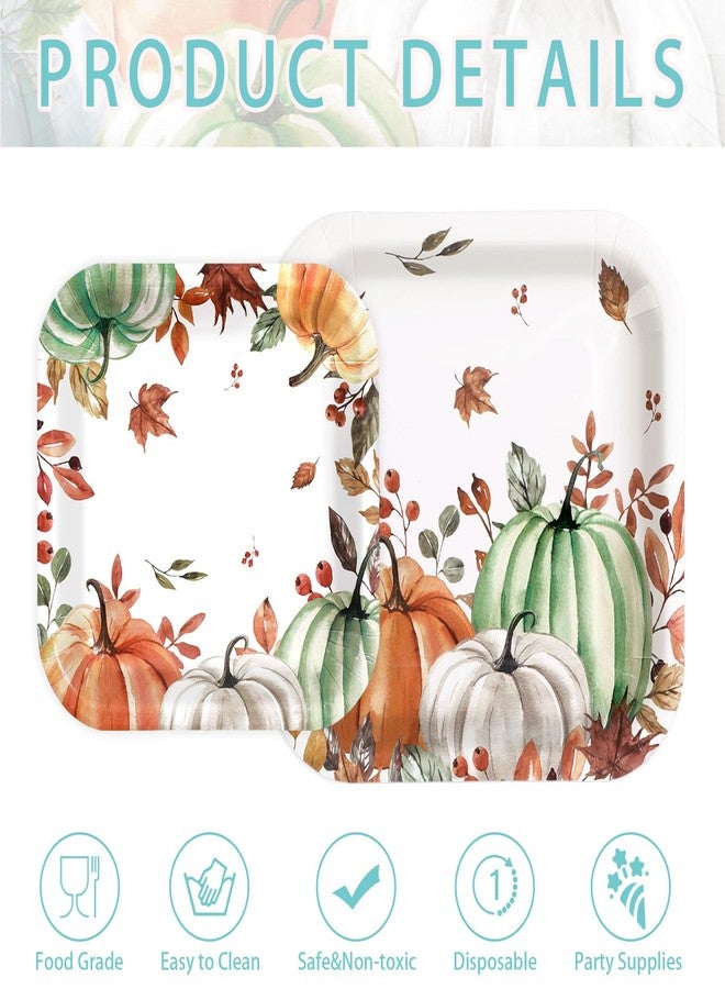 Grencian 200 قطعة من زينة حفلات الخريف، أطباق ومناديل مربعة من القرع باللون البرتقالي والأخضر والرمادي، أطباق ورقية لعيد الشكر، مجموعة أدوات مائدة على شكل قرع بألوان مائية لحفلات الحصاد في عيد الشكر في الخريف، تكفي 50 شخصًا - Image 3