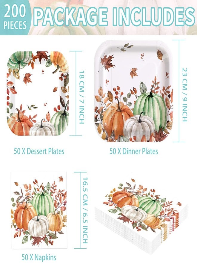 Grencian 200 قطعة من زينة حفلات الخريف، أطباق ومناديل مربعة من القرع باللون البرتقالي والأخضر والرمادي، أطباق ورقية لعيد الشكر، مجموعة أدوات مائدة على شكل قرع بألوان مائية لحفلات الحصاد في عيد الشكر في الخريف، تكفي 50 شخصًا - Image 2