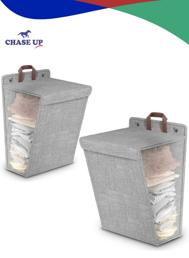 Chase Up Hanging Laundry Hamper with Lid, 2 Pack Wall Clothes Basket Laundry Storage Bin Collapsible Dirty Clothes Basket with Handles, Portable Bathroo Toys Organizer Bag for Bedroom Dorm Closet - Image 1