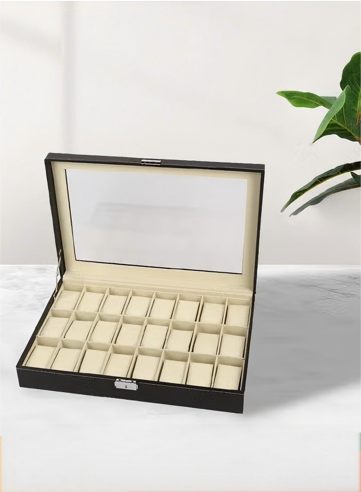 صندوق ساعة من جلد PU بدقة 24 بت، حامل ساعة، منظم ساعة مع غطاء زجاجي، علبة ساعة مع وسادة ساعة قابلة للإزالة، بطانة مخملية، قفل معدني، عرض ساعة - Image 1