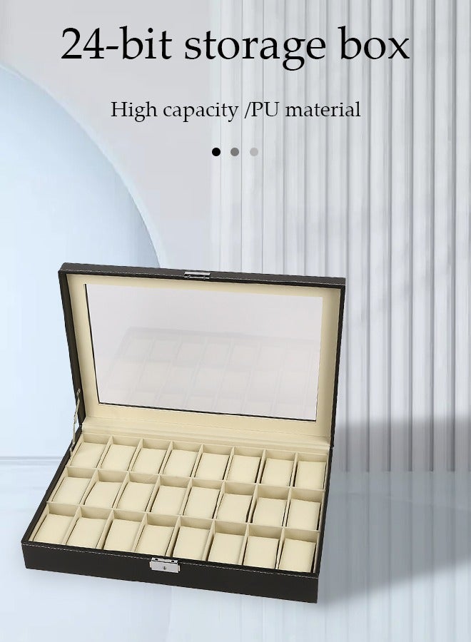 صندوق ساعة من جلد PU بدقة 24 بت، حامل ساعة، منظم ساعة مع غطاء زجاجي، علبة ساعة مع وسادة ساعة قابلة للإزالة، بطانة مخملية، قفل معدني، عرض ساعة - Image 2