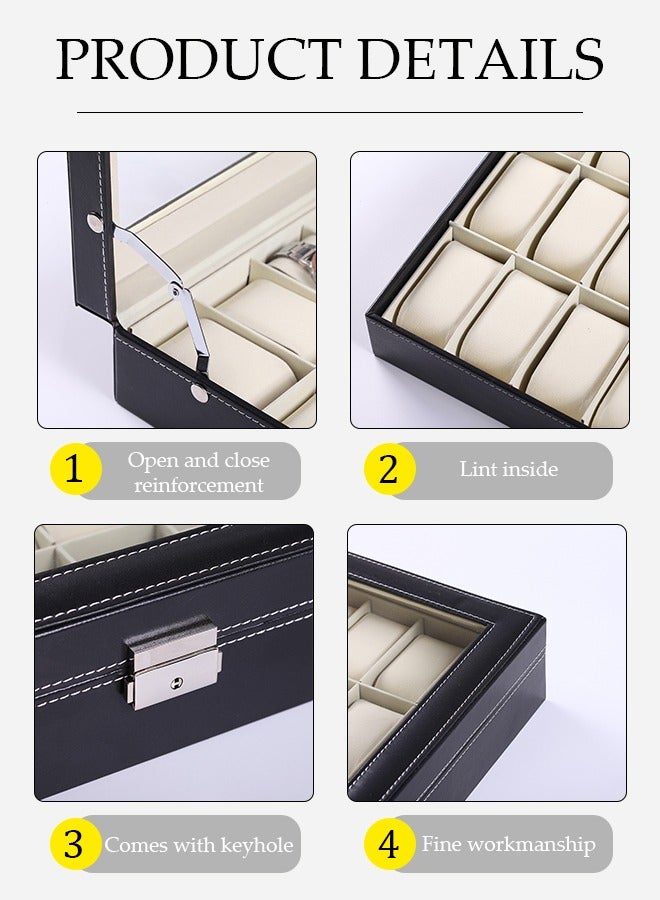 صندوق ساعة من جلد PU بدقة 24 بت، حامل ساعة، منظم ساعة مع غطاء زجاجي، علبة ساعة مع وسادة ساعة قابلة للإزالة، بطانة مخملية، قفل معدني، عرض ساعة - Image 3
