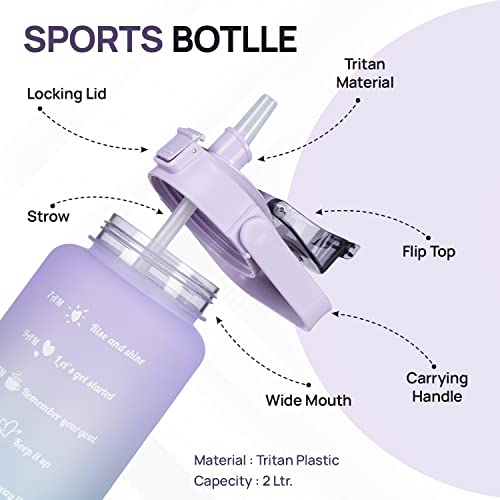 SKYTONE® Water Bottle For Office, Gym, Travel, Sports Leakproof 2 Liter Bottle With BPA-Free Plastic Included Silicone Pipe (Purple) (Purple) - Image 2