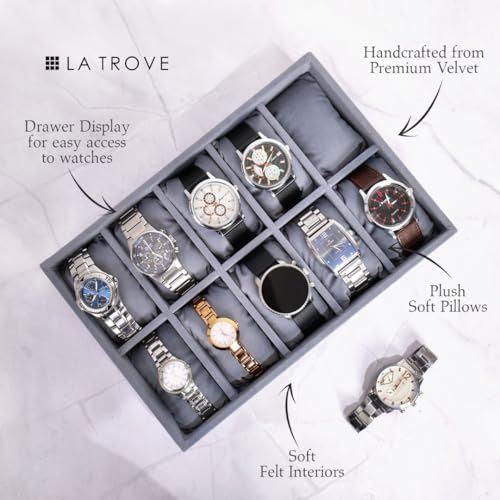 La Trove 10 Slot Watch Organizer Tray for Men & Women | Watch Storage Tray for Watches, Smartwatches & Bracelets | Watch Display Organizer for Wardrobe Drawer | Grey - Image 3