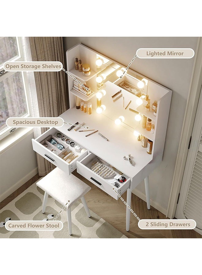 طاولة الملابس مع المصباح والمراآة ، طاولة الغرور 100 سم مع البراز الناعم ، طاولة المرحاض الحديثة الكبيرة مع الدرجات والرفوف ، مجموعة طاولة المكياج العائلية - Image 4