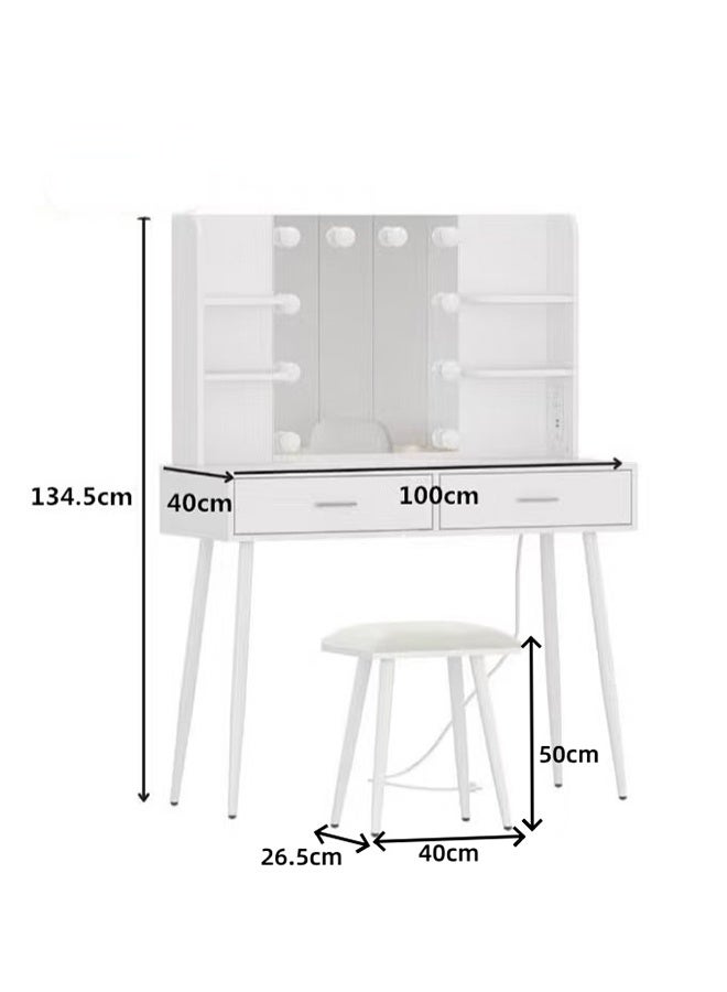 طاولة الملابس مع المصباح والمراآة ، طاولة الغرور 100 سم مع البراز الناعم ، طاولة المرحاض الحديثة الكبيرة مع الدرجات والرفوف ، مجموعة طاولة المكياج العائلية - Image 3