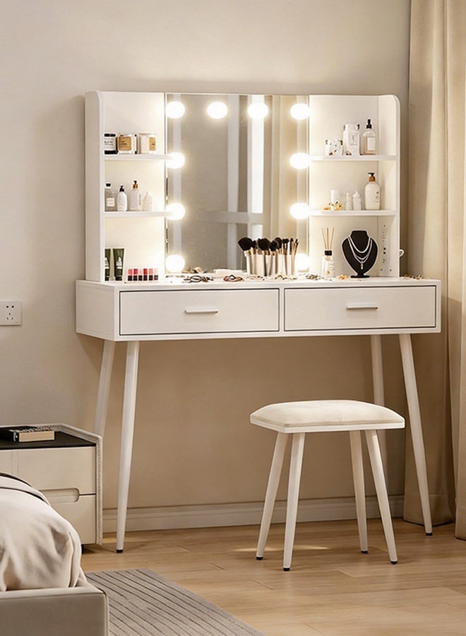 Dressing Table with Lamp and Mirror, 100cm Vanity Table with Soft Stool, Large Modern Toilet Table with Drawers and Shelves, Family Makeup Table Set - Image 1
