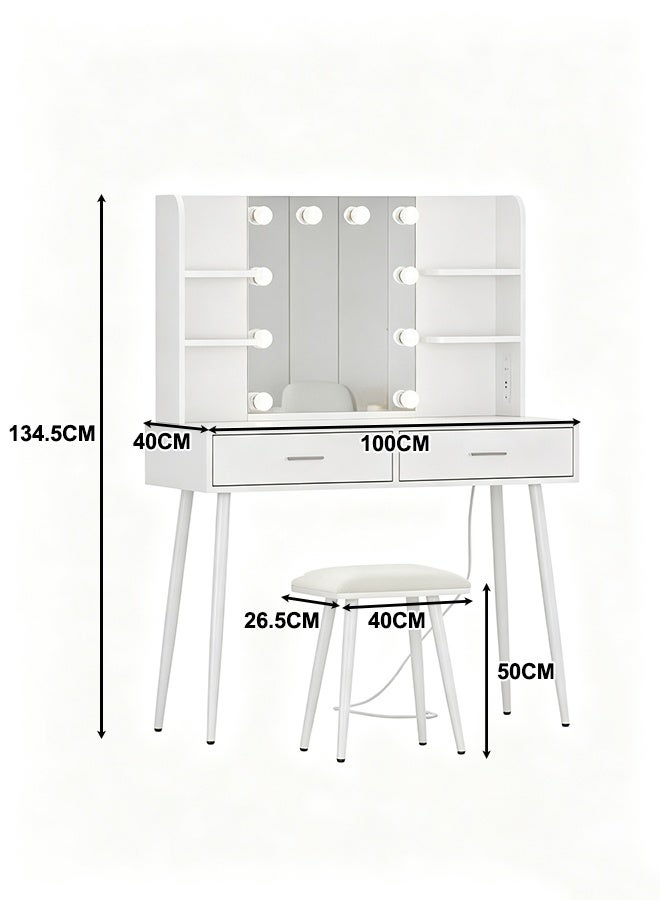Dressing Table with Lamp and Mirror, 100cm Vanity Table with Soft Stool, Large Modern Toilet Table with Drawers and Shelves, Family Makeup Table Set - Image 3