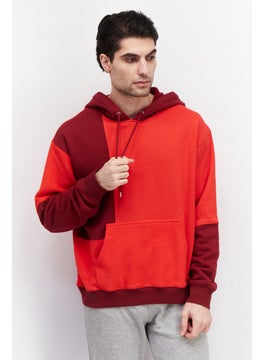 Men Long Sleeve Two-Tone Hoodie, Red