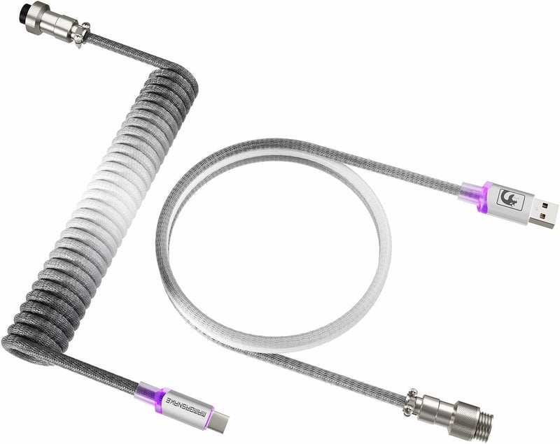 MAMBASNAKE كابل USB-C ملفوف من MAMBASNAKE للوحة المفاتيح المخصصة للألعاب مع إضاءة RGB، مضفر من النايلون مع موصل طيار ذو 4 دبابيس قابل للفصل، نوع C فائق السرعة مع معدل إرجاع 8 كيلوهرتز، طول 4.92 قدم (C01 ULTIMATE/أبيض-أسود) - Image 1