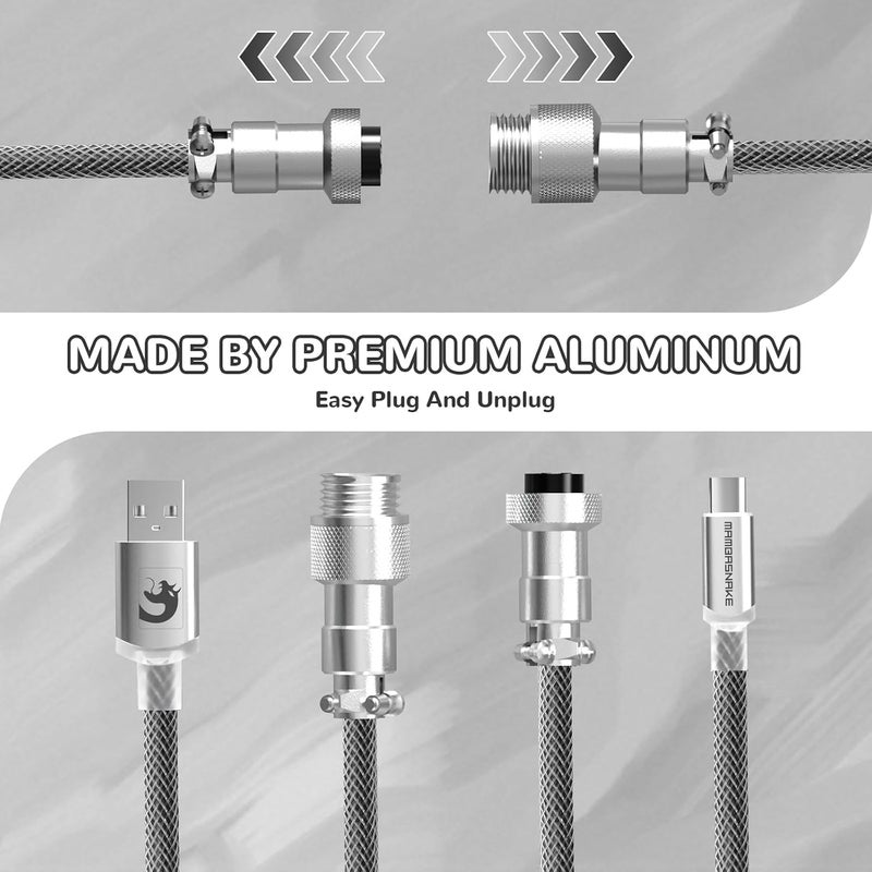 MAMBASNAKE كابل USB-C ملفوف من MAMBASNAKE للوحة المفاتيح المخصصة للألعاب مع إضاءة RGB، مضفر من النايلون مع موصل طيار ذو 4 دبابيس قابل للفصل، نوع C فائق السرعة مع معدل إرجاع 8 كيلوهرتز، طول 4.92 قدم (C01 ULTIMATE/أبيض-أسود) - Image 4