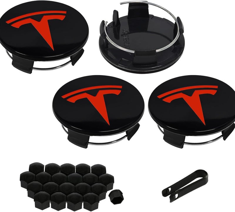 Knomix 4 Pack Exterior Decoration Wheel Center Cover for Tesla Model 3 Model Y,56mm Hubcaps Wheel Rim Cover Tesla Center Caps Hubcaps+22 Black Lug Nut Covers (Red Backgroud+White Emblem) - Image 1