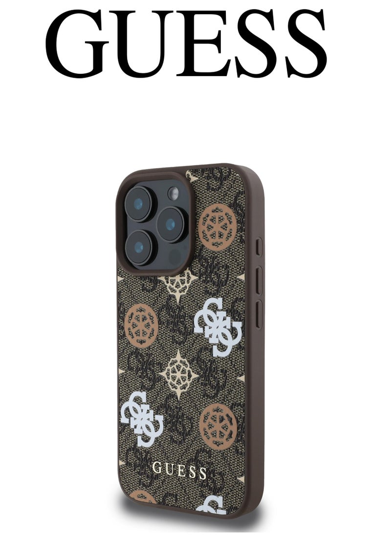 CG MOBILE IPhone 16 Pro cover, supports wireless charging MagSafe, with a logo and a leather design approved by the global brand Guess. From CG-MOBILE. In Brown  - Image 1