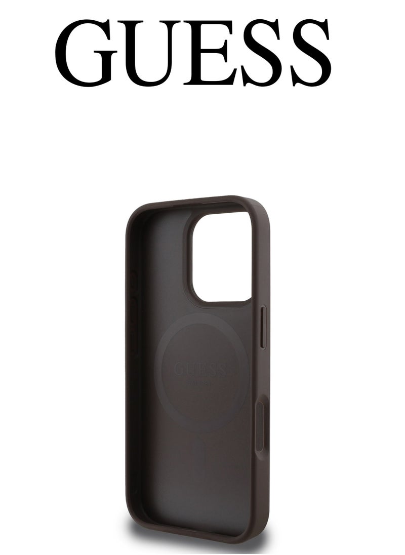 CG MOBILE IPhone 16 Pro cover, supports wireless charging MagSafe, with a logo and a leather design approved by the global brand Guess. From CG-MOBILE. In Brown  - Image 3