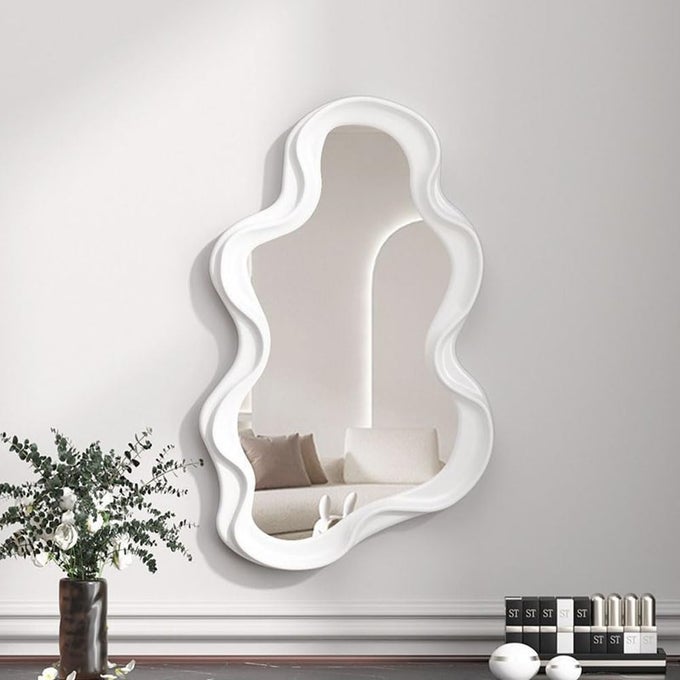 IRREGULAR FRAME WALL HANGING DECORATIVE MAKEUP VANITY MIRROR FOR BATHROOM LIVING ROOM BEDROOM WHITE