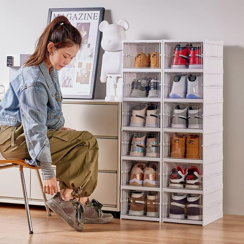 Parshya Drop Front Shoe Storage Box No Assembly Stackable Shoe Organizer Storage Bin with Clear Door Free Standing Shoe Shelf Cabinet with Lid Plastic Shoe Rack for Closet Entryway 4 Layer - Image 5