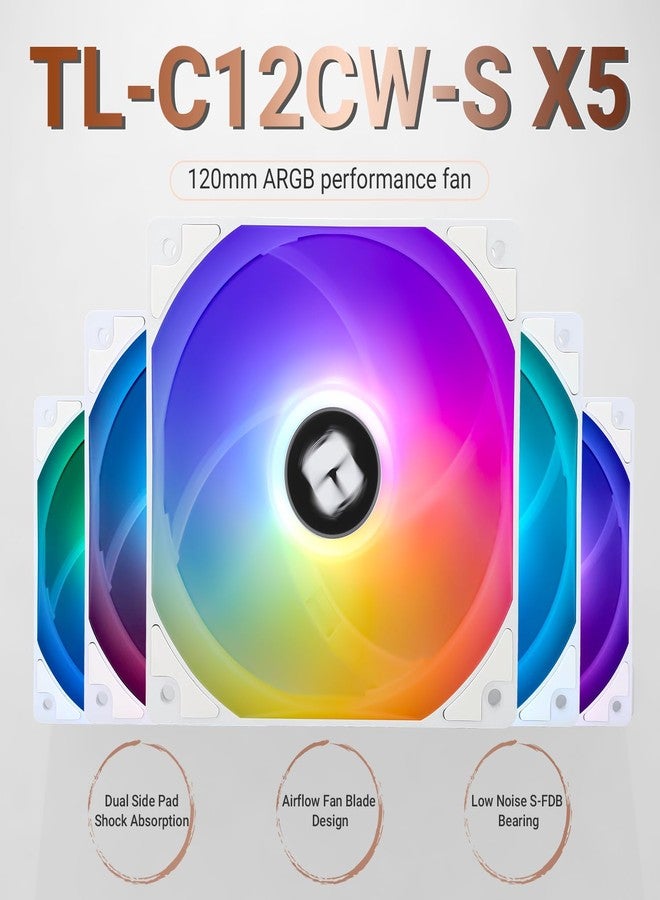 ثيرمالرايت مروحة وحدة المعالجة المركزية Thermalright TL-C12CW-S X5، مروحة تبريد العلبة ARGB مقاس 120 مم، كمبيوتر صامت PWM رباعي الدبابيس مع محمل S-FDB متضمن، تبريد يصل إلى 1550 دورة في الدقيقة (5 كميات) - Image 3