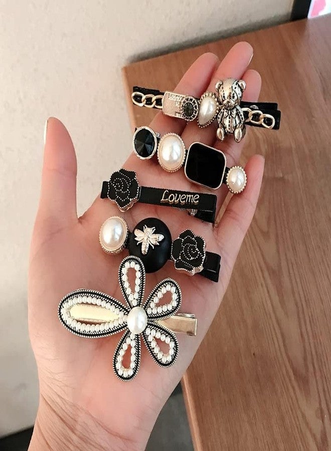 CARTSHOPPER Pearl Hair Clips Pins Lock Hair Clip Pin Mini Clutcher Hair Accessories Set 5-piece Hair Clip Simple Pearl Side Clip for Women Girls Headband Ins Black Froral Hair Accessories - Image 2