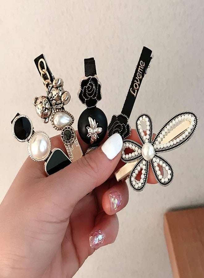CARTSHOPPER Pearl Hair Clips Pins Lock Hair Clip Pin Mini Clutcher Hair Accessories Set 5-piece Hair Clip Simple Pearl Side Clip for Women Girls Headband Ins Black Froral Hair Accessories - Image 3