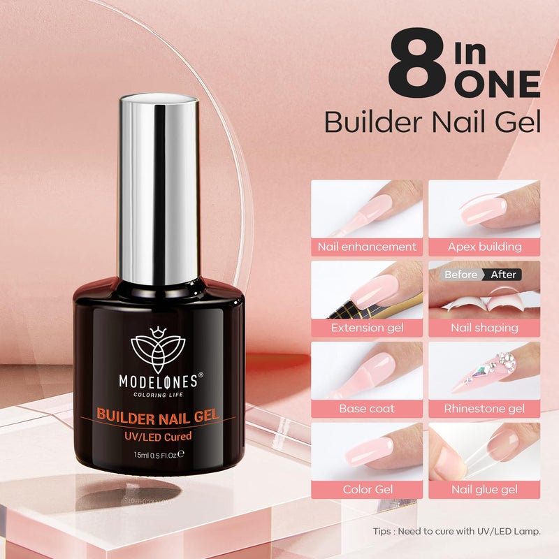 modelones Builder Nail Gel, 8-in-One Barely Pink Builder, Sheer Pink Rubber Base Gel Polish, LED Lamp Cured Color Base Hardener Strengthener Apex Building Extension for Girls DIY Salon Home - Image 3