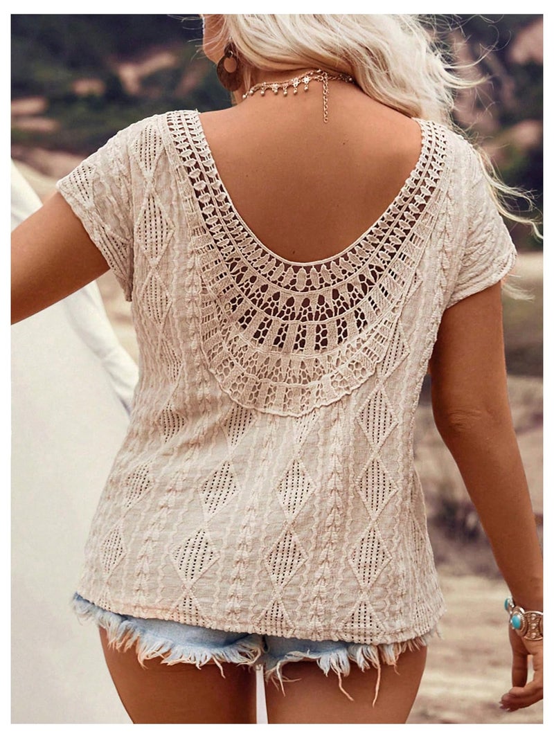 OYOANGLE Women's Plus Size Boho Crochet Lace Short Sleeve Blouse V Neck Summer Tee Tops Apricot XX-Large Plus - Image 2