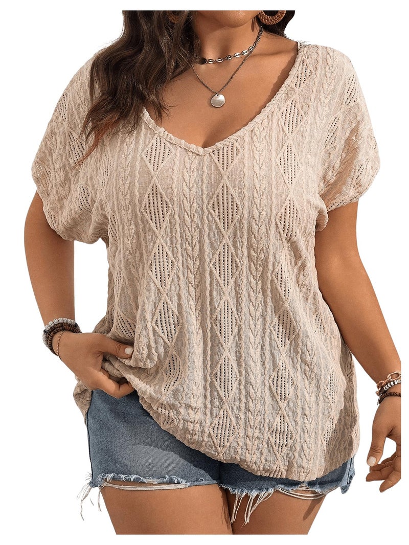 OYOANGLE Women's Plus Size Boho Crochet Lace Short Sleeve Blouse V Neck Summer Tee Tops Apricot XX-Large Plus - Image 1
