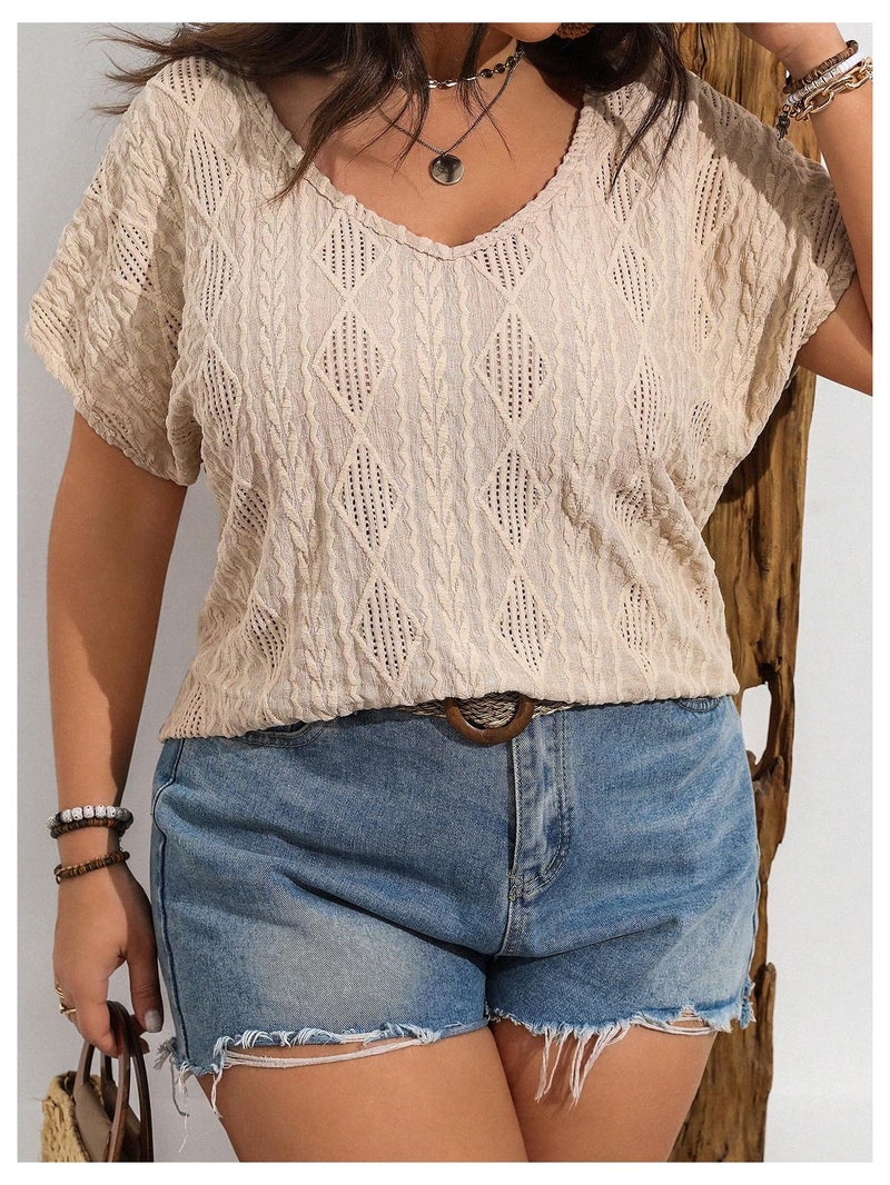 OYOANGLE Women's Plus Size Boho Crochet Lace Short Sleeve Blouse V Neck Summer Tee Tops Apricot XX-Large Plus - Image 5