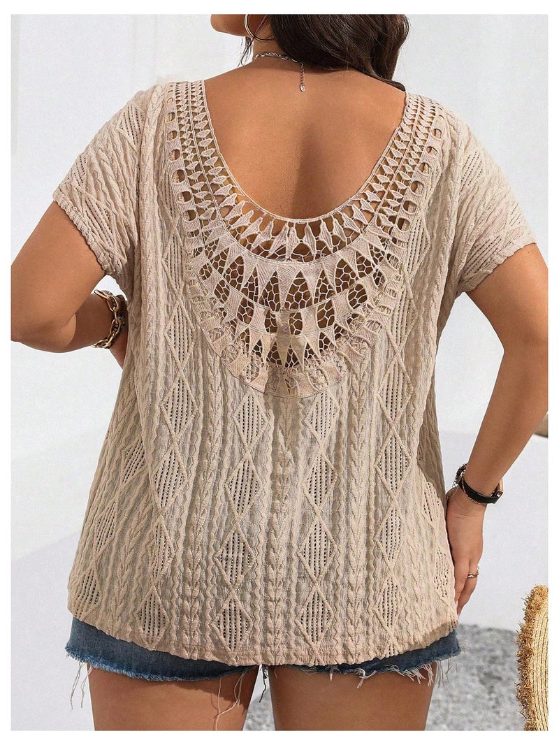 OYOANGLE Women's Plus Size Boho Crochet Lace Short Sleeve Blouse V Neck Summer Tee Tops Apricot XX-Large Plus - Image 4