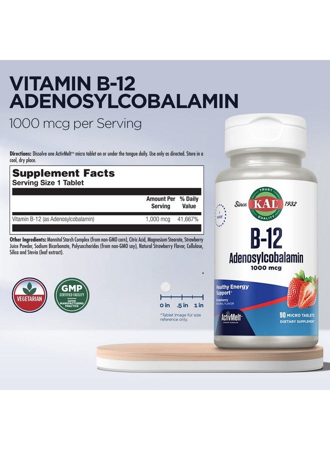 KAL Vitamin B12 1000 Mcg Adenosylcobalamin Activmelt B12 Energy Supplements Metabolism Nerve And Red Blood Cell Support High Absorption Vegetarian Natural Strawberry 90 Serv 90 Micro Tablets - Image 3