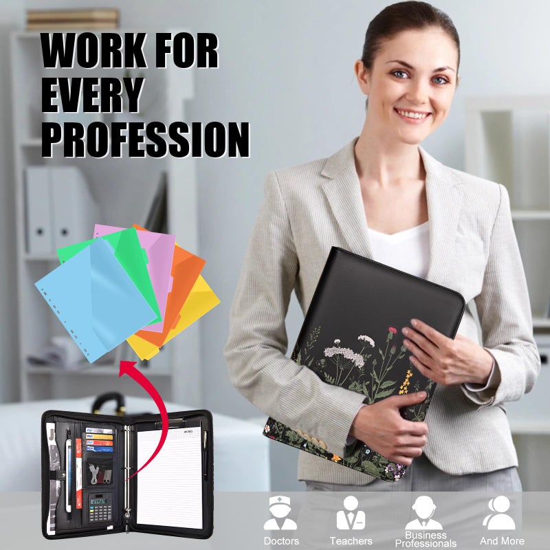 Eshow Portfolio Organizer - 3 Ring Binder with Zipper, Vegan Leather Business Padfolio Folder with Notepad Includes 5 Colorful Sheet Protectors for Documents Files for Women - Image 5