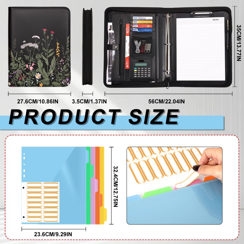 Eshow Portfolio Organizer - 3 Ring Binder with Zipper, Vegan Leather Business Padfolio Folder with Notepad Includes 5 Colorful Sheet Protectors for Documents Files for Women - Image 4