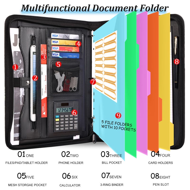 Eshow Portfolio Organizer - 3 Ring Binder with Zipper, Vegan Leather Business Padfolio Folder with Notepad Includes 5 Colorful Sheet Protectors for Documents Files for Women - Image 2