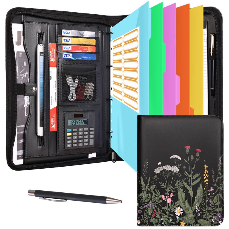 Eshow Portfolio Organizer - 3 Ring Binder with Zipper, Vegan Leather Business Padfolio Folder with Notepad Includes 5 Colorful Sheet Protectors for Documents Files for Women - Image 1