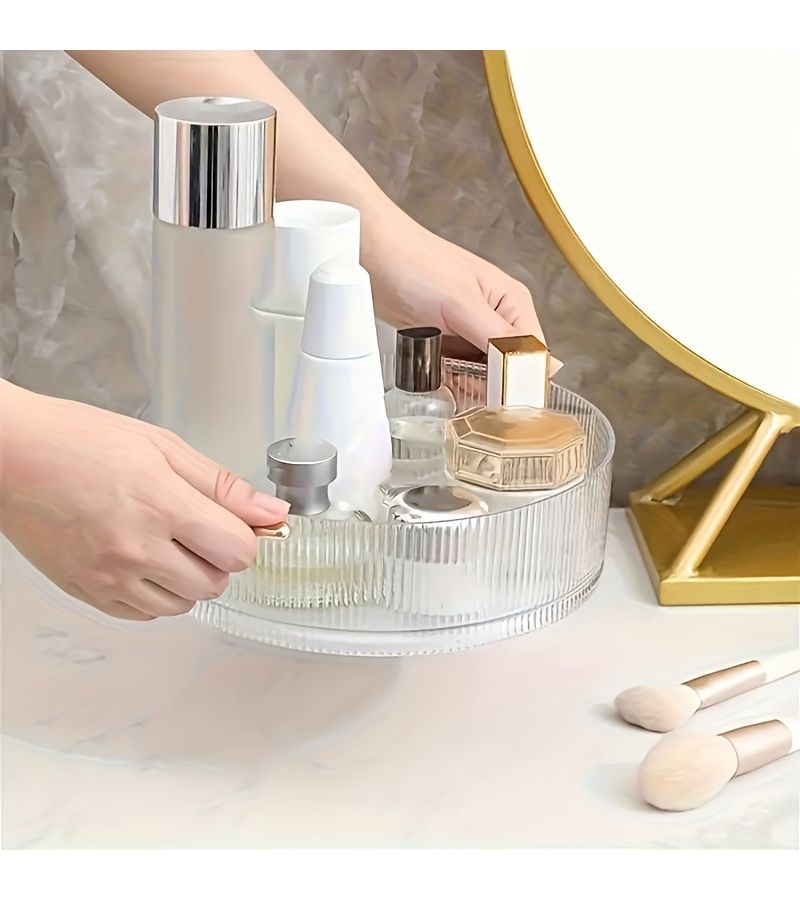 360 Degree Rotating Transparent Storage Box With Light Luxury Handle Large Capacity Desktop Cosmetics Perfume Lipstick Organizer Tray Vanity Skincare Shelf Multi Functional Organizer For Makeup And Jewelry - Image 3