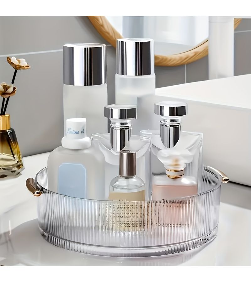 360 Degree Rotating Transparent Storage Box With Light Luxury Handle Large Capacity Desktop Cosmetics Perfume Lipstick Organizer Tray Vanity Skincare Shelf Multi Functional Organizer For Makeup And Jewelry - Image 1