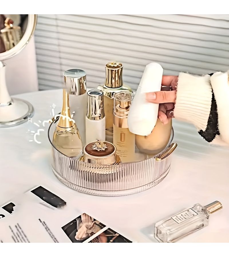 360 Degree Rotating Transparent Storage Box With Light Luxury Handle Large Capacity Desktop Cosmetics Perfume Lipstick Organizer Tray Vanity Skincare Shelf Multi Functional Organizer For Makeup And Jewelry - Image 4