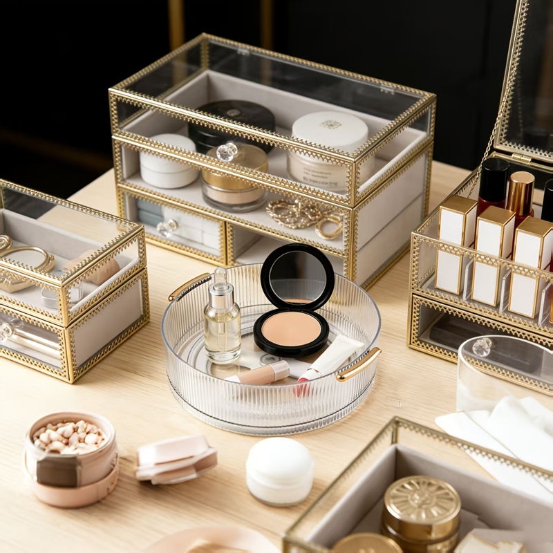 360 Degree Rotating Transparent Storage Box With Light Luxury Handle Large Capacity Desktop Cosmetics Perfume Lipstick Organizer Tray Vanity Skincare Shelf Multi Functional Organizer For Makeup And Jewelry - Image 5
