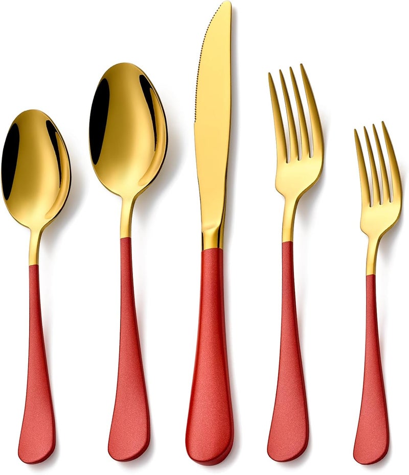 Lekoton 20 Piece Gold and Red 180 Flatware Utensil Set for 4 Include Dinner KnifeDinner ForksDinner SpoonsSalad ForksTeaspoonsSilverware Set for 4 Dishwasher Safe - Image 1