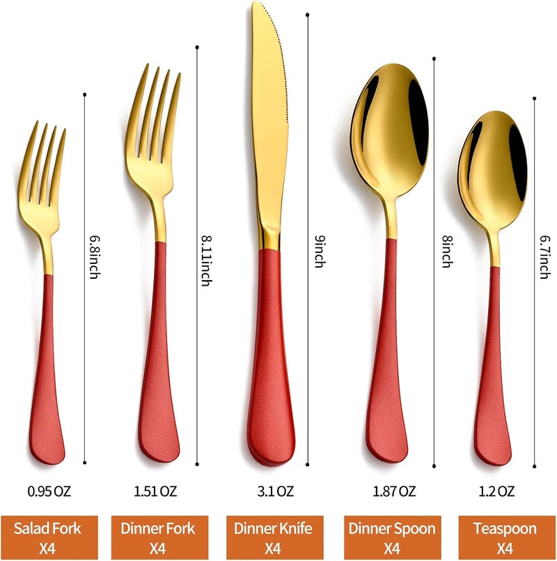 Lekoton 20 Piece Gold and Red 180 Flatware Utensil Set for 4 Include Dinner KnifeDinner ForksDinner SpoonsSalad ForksTeaspoonsSilverware Set for 4 Dishwasher Safe - Image 2