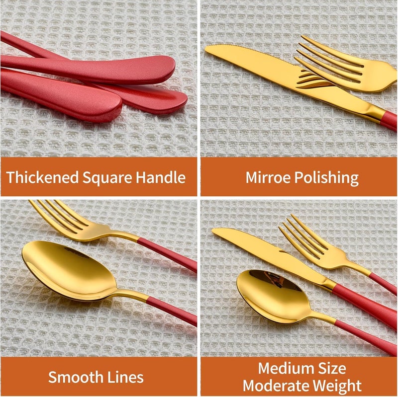 Lekoton 20 Piece Gold and Red 180 Flatware Utensil Set for 4 Include Dinner KnifeDinner ForksDinner SpoonsSalad ForksTeaspoonsSilverware Set for 4 Dishwasher Safe - Image 3