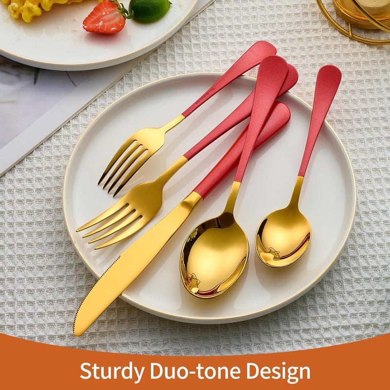 Lekoton 20 Piece Gold and Red 180 Flatware Utensil Set for 4 Include Dinner KnifeDinner ForksDinner SpoonsSalad ForksTeaspoonsSilverware Set for 4 Dishwasher Safe - Image 5