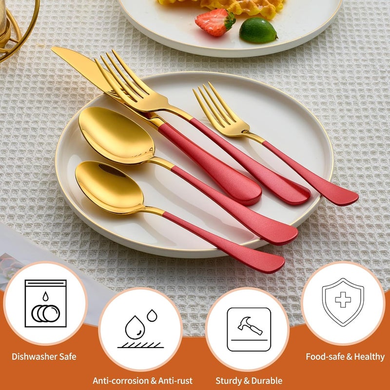 Lekoton 20 Piece Gold and Red 180 Flatware Utensil Set for 4 Include Dinner KnifeDinner ForksDinner SpoonsSalad ForksTeaspoonsSilverware Set for 4 Dishwasher Safe - Image 4