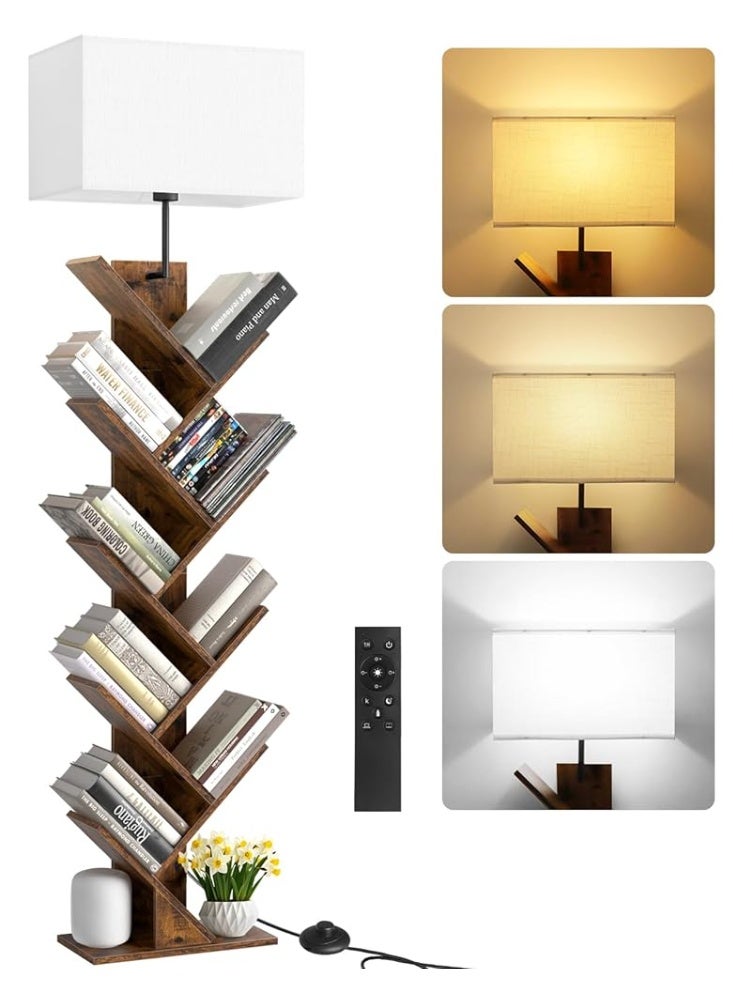 OUTON 9-Tier Wooden Bookshelf with Built-in Lighting, Remote Control & Timer, Dimmable Tall Floor Book Shelf, Narrow Wood Bookcase, Compact Book Organizer Suitable for Living Room, Bedroom and Home Office Brown - Image 1