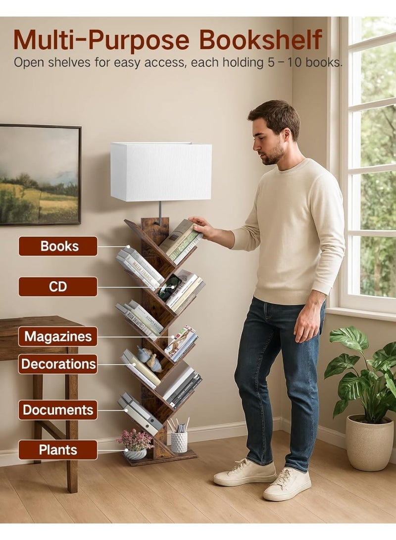 OUTON 9-Tier Wooden Bookshelf with Built-in Lighting, Remote Control & Timer, Dimmable Tall Floor Book Shelf, Narrow Wood Bookcase, Compact Book Organizer Suitable for Living Room, Bedroom and Home Office Brown - Image 4